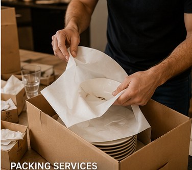 Crew packing dishes into a moving box