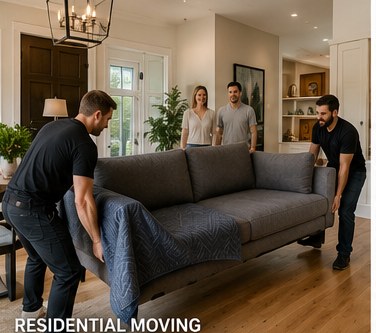 Movers carrying a sofa in a residential home