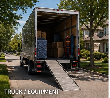 Moving truck loaded and ready outside a home
